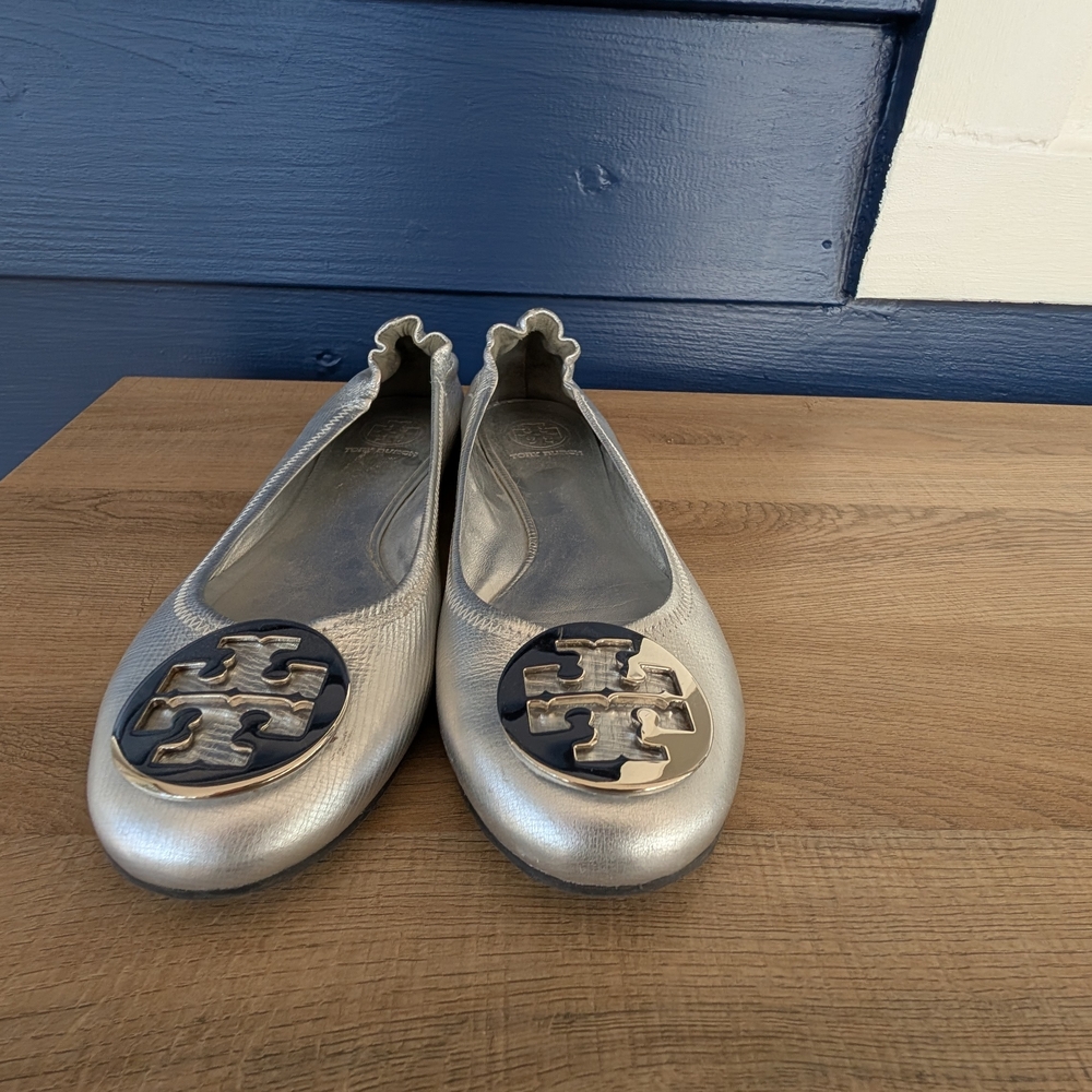 Tory Burch Silver Logo Emory Ballet Flats